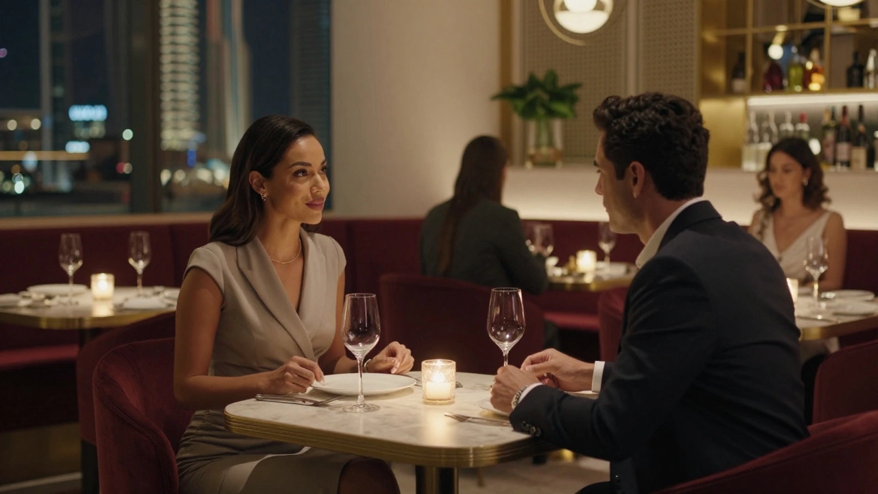 Two professionals having a discreet dinner in a upscale Dubai restaurant, sharing a quiet moment.